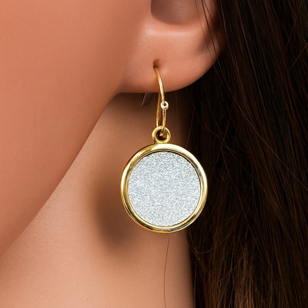 Women's Gold Drop Earrings - Textured Gray Sparkling Round Disc 1.25" Jewelry